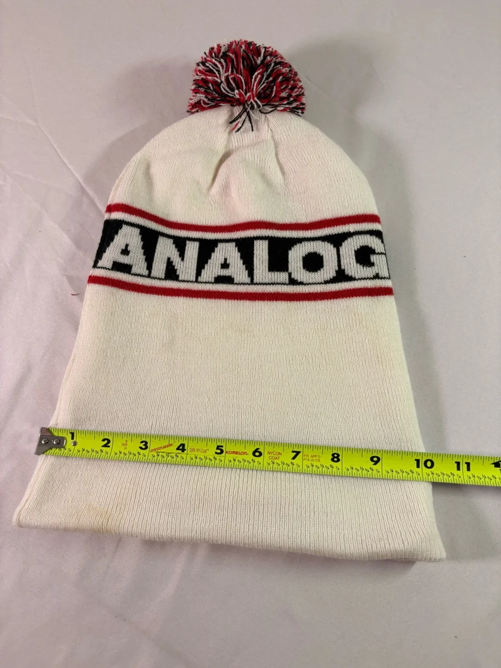 Analog Kids White Beanie with Red & Black Pom and Stripe